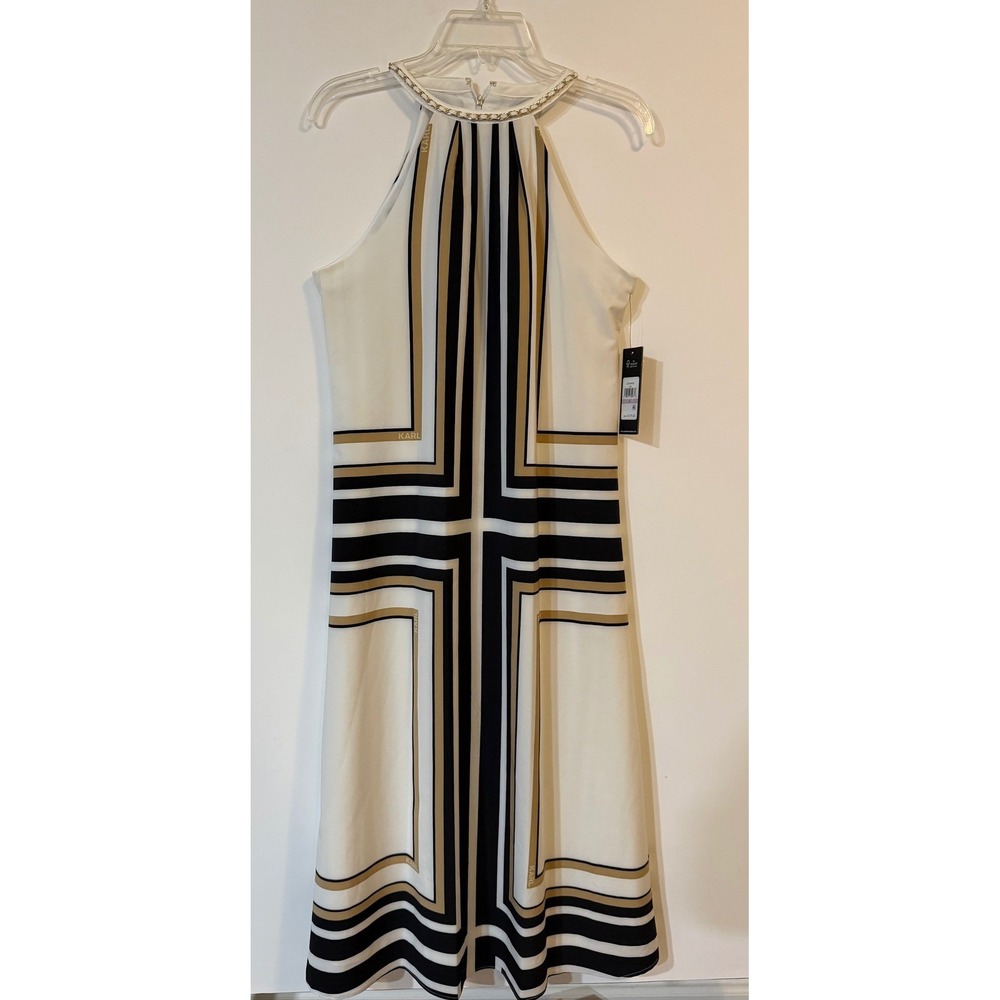 NWT Karl Lagerfeld Paris Women Black Gold  Geometric Halter Sheath Dress Size‎ 6